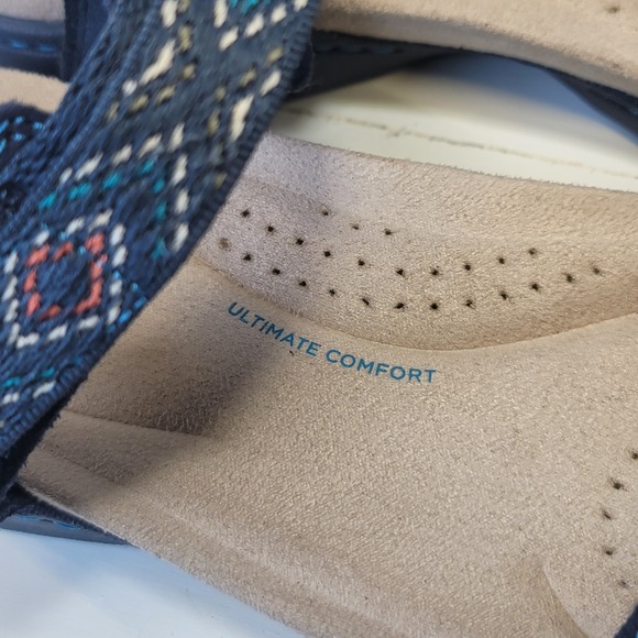 Clarks Flats Sandal Shoes Amanda Sprint Blue Suede Comfort Sporty Strap - Picture 14 of 14